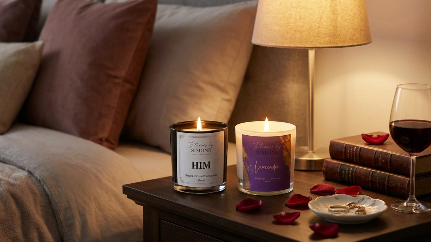 Nightstand candle styling with Lamender and HIM for a romantic bedroom moment