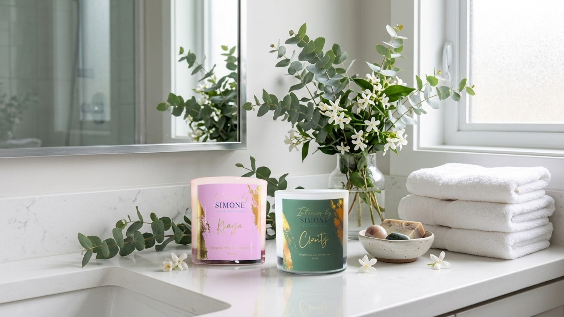 Khaya and Clarity candle in bathroom setting with eucalyptus and clean towels