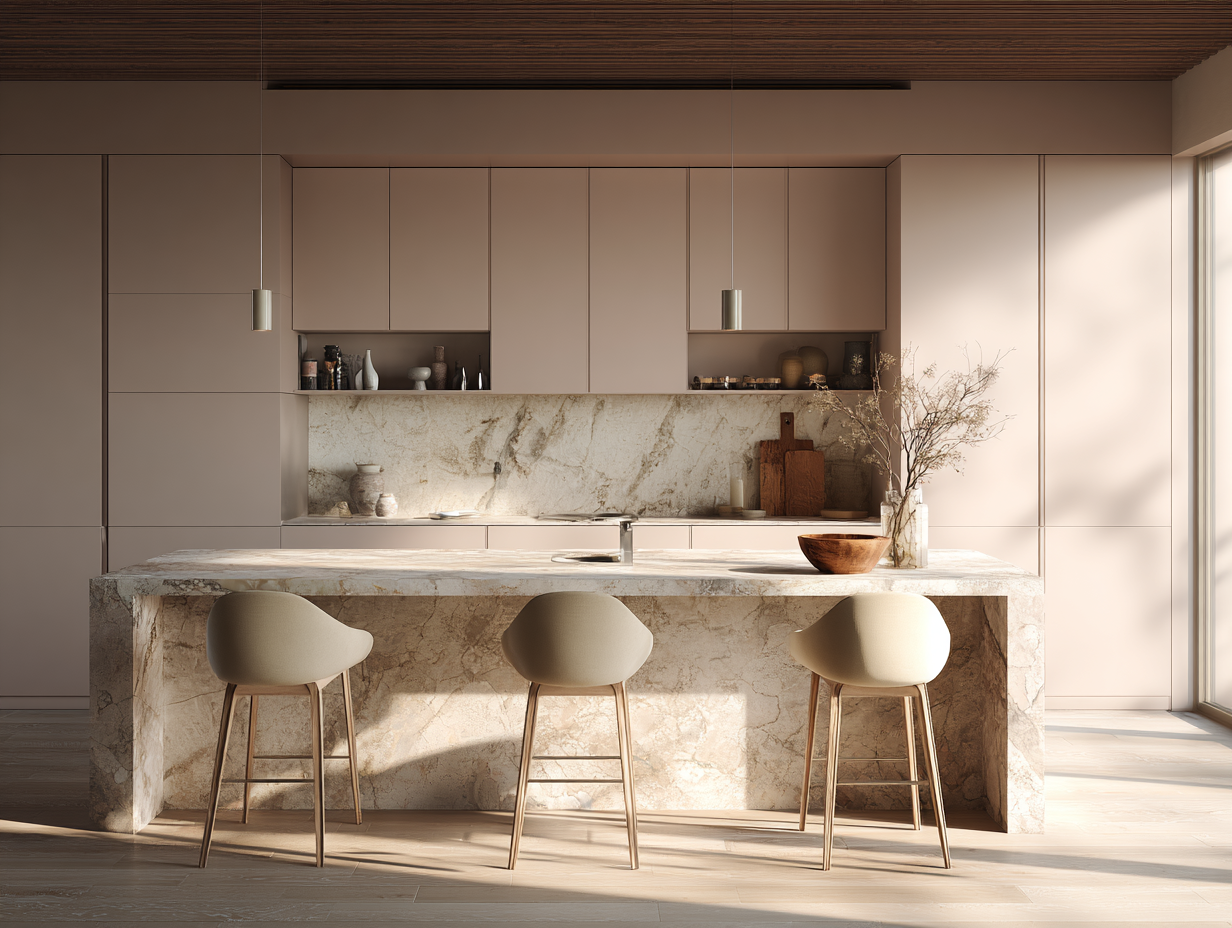 A styled breakfast nook with neutral tones and sunlight
